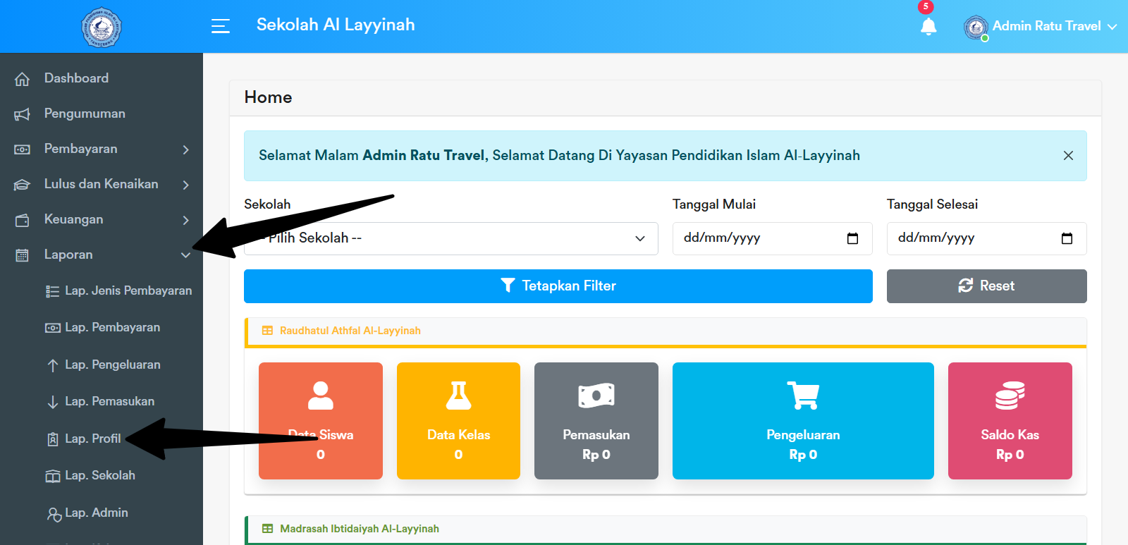 Menu Sidebar Laporan Data Profil